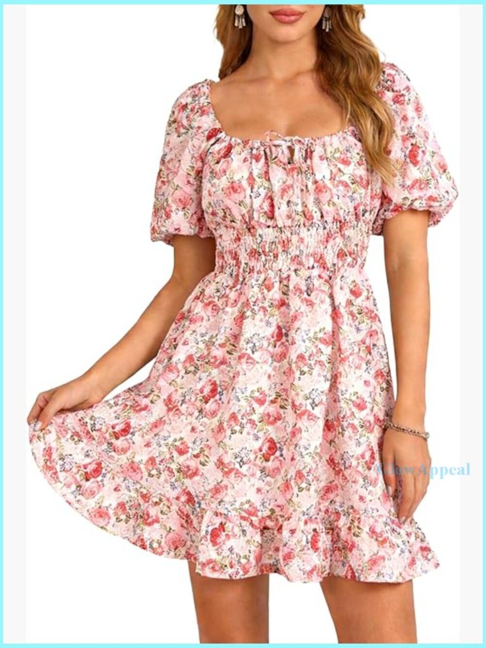 Boho Square Neck Puff Sleeve A-Line Dress with Pockets and Adjustable Tie